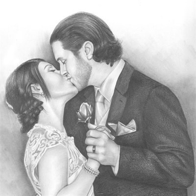 Pencil Drawing Portrait for A Happy Wedding Couple Holding Hands and Kissing,by myDaVinci - myDaVinci